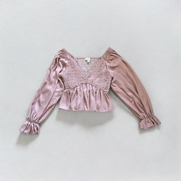 She + Sky Blouse Mauve Size S Smocked Puff Sleeve Ruffle Hem Dusty Rose Pink - Picture 1 of 6